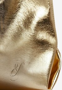 Blizganti auksinė metalinė kuprinė su subtiliu „&“ logotipu, pabrėžianti tekstūrą ir paviršiaus detales prieš šviesų foną.