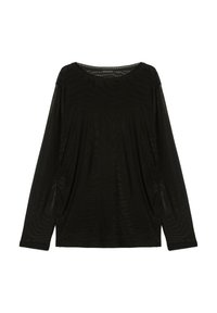 Schwarzes, langärmeliges, transparentes Oberteil mit rundem Ausschnitt und dezenten Rüschendetails an den Seiten.