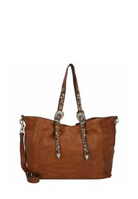 Sac fourre-tout en cuir marron avec deux poignées et une bandoulière amovible. Comprend des clous en métal décoratifs et des boucles sur la sangle.