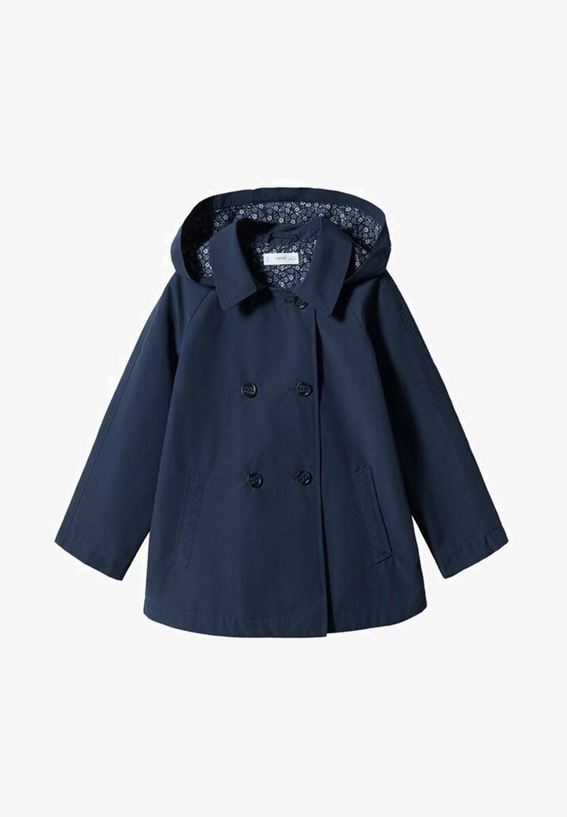 Laivastonsininen sadetakki hupulla, kaksirivinen malli, kaksi etutaskua ja kukkakuvioinen vuori. Sileä pinta.