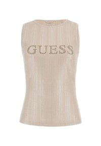 Top senza maniche beige con texture a righe verticali, caratterizzato dalla scritta "GUESS" in borchie metalliche sul petto. Tessuto morbido, scollo tondo.