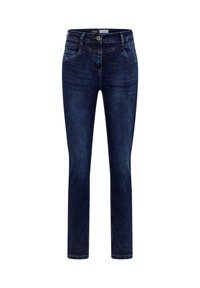 Vaqueros de denim ajustados de color azul oscuro con cinturilla estándar, dos bolsillos frontales y detalles de costura de contraste. Textura suave con ligeros desgastes.