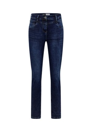 Slim-fit mörkblå denimjeans med standard midjeband, två framfickor och kontrasterande sömdetaljer. Slät textur med lätt blekning.