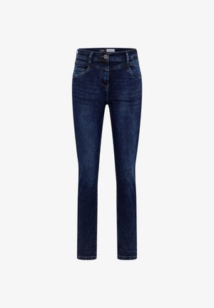 Slim-fit tmavě modré džíny z denimu se standardním pasem, dvěma předními kapsami a kontrastním stehováním. Hladká textura s mírným vyblednutím.