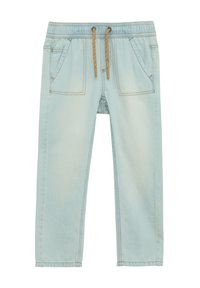 Pantalones jogger azul claro en tela de mezclilla, con una cinturilla elástica con cordón, dos bolsillos frontales y detalles de costura visibles.