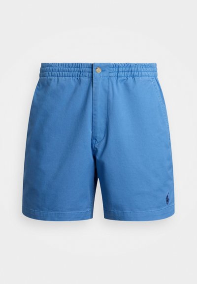 Blue swim shorts made of lightweight fabric, featuring an elastic waistband, a button closure, and a small logo on the left leg.