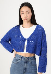 Cropped blue knitted cardigan with intricate openwork patterns, tie closure at the front, and long sleeves. Paired with a white top.