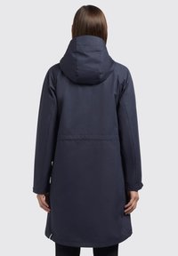 Navy waterproof parka featuring a hood, long sleeves, and a cinched waist. Smooth texture with minimalistic design and no visible hardware.