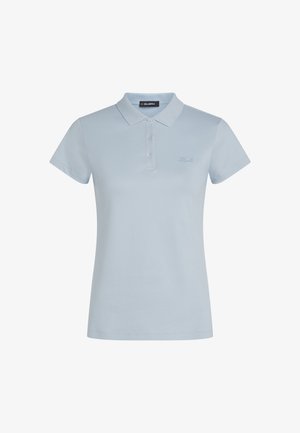 Lys blå kortermet polotrøye for kvinner med tre knapper og subtilt brodert logo på venstre bryst.