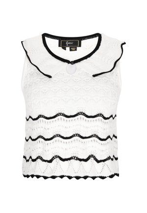 Valge ilma varrukateta top, millel on sakiline must äär, keeruline pitsmuster, millel on sakilised mustrid, ning keskel dekoratiivne nööp.