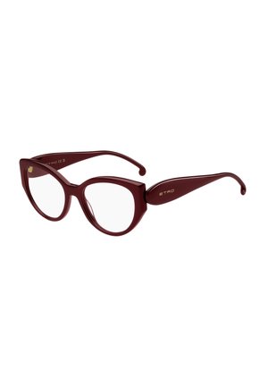 Occhiali da vista a forma di occhio di gatto di colore rosso scuro con montature spesse e lenti trasparenti, con il nome del marchio Etro sulla stanghetta.