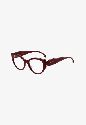 Occhiali da vista a forma di occhio di gatto di colore rosso scuro con montature spesse e lenti trasparenti, con il nome del marchio Etro sulla stanghetta.