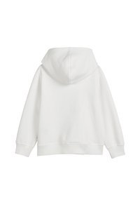 Weißer Hoodie mit rundem Kapuzenansatz, langen Ärmeln, gerippten Bündchen und Saum sowie einem weichen, leichten Baumwollmischgewebe. Minimalistisches Design.