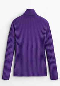 Pull col roulé violet en maille côtelée à manches longues, étalé à plat, vue de dos sur fond blanc.