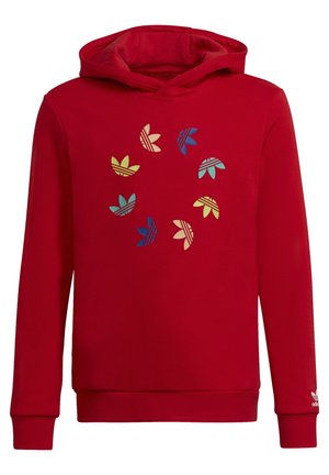 Red hooded sweatshirt with multicolored Adidas trefoil logos arranged in a circle on the chest and a small logo on the left cuff.
