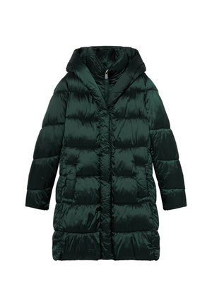 Dunkelgrüne gesteppte Jacke mit Kapuze, glänzender Oberfläche, vertikalen Nähten und zwei seitlichen Taschen. Midilänge für zusätzliche Wärme.