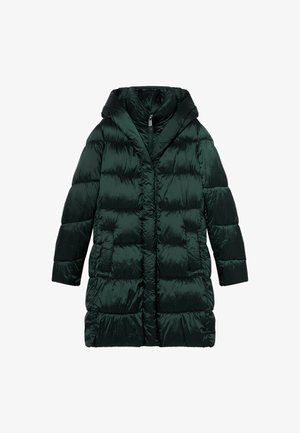 Dunkelgrüne gesteppte Jacke mit Kapuze, glänzender Oberfläche, vertikalen Nähten und zwei seitlichen Taschen. Midilänge für zusätzliche Wärme.