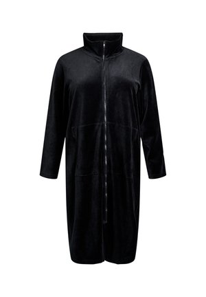 Svart, lång zip-up kappa gjord av mjuk, plyschliknande tyg med hög krage, trekvartsärmar och två framfickor.