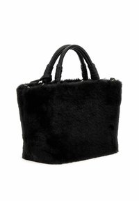 Borsa a tracolla in finta pelliccia nera, di forma rettangolare, con manici texturizzati neri. Design pulito senza hardware o decorazioni visibili.