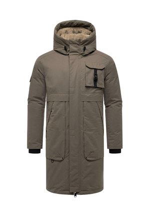 Hnědý zateplený parkas s kapucí, podšívkou z umělé kožešiny, předním zipem a několika kapsami. Obsahuje elastické manžety a rovný střih.