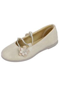 Bailarinas de tela beige con punta redondeada, aplique decorativo de flor y tiras elásticas. Textura suave y tacón mínimo para mayor comodidad.