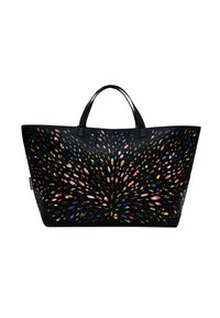 Black tote bag featuring embossed cut-out design with colorful teardrop shapes, leather handles, and a spacious rectangular body.