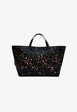 Sac fourre-tout noir avec un design découpé en relief et des formes en goutte colorées, poignées en cuir et un corps rectangulaire spacieux.