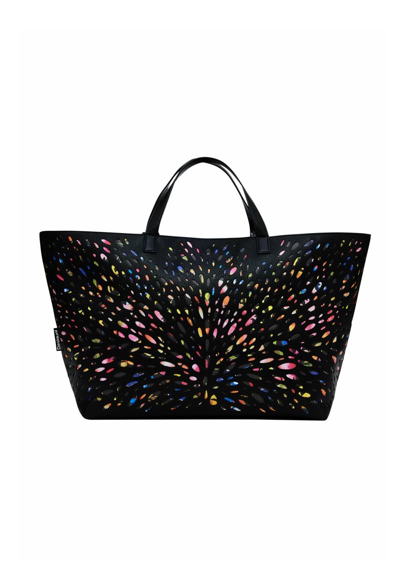 Black tote bag featuring embossed cut-out design with colorful teardrop shapes, leather handles, and a spacious rectangular body.