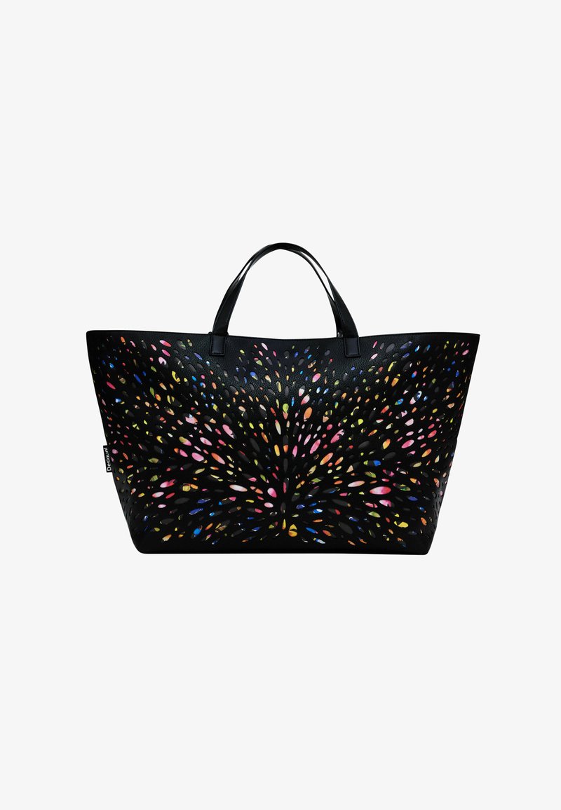 Sac fourre-tout noir avec un design découpé en relief et des formes en goutte colorées, poignées en cuir et un corps rectangulaire spacieux.