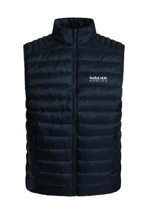 Navy puffer vest with high collar, zip closure, and two side pockets. Features horizontal quilted design and "Red Bull Racing" logo on chest.