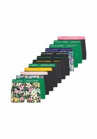Boxershorts-Set mit verschiedenen Farben und Mustern, einschließlich floralem und einfarbigem Design. Elastische Taillengummis zeigen den Markennamen.