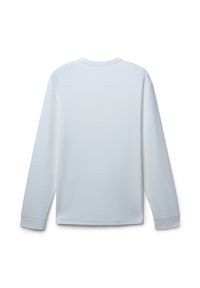 Schlichtes weißes Langarmshirt mit Rundhalsausschnitt, von hinten auf einem weißen Hintergrund gezeigt.