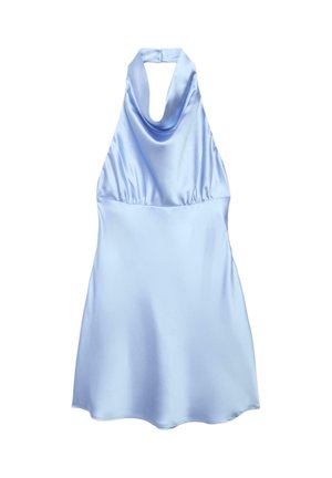 Hellblaues Satinkleid mit Neckholder, Wasserfallausschnitt und ausgestelltem Rock, entworfen für formelle Anlässe oder Abendveranstaltungen.