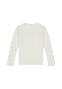 Langarmshirt aus hellem Creme-Stoff, mit runden Halsausschnitt und glatter Textur. Keine Muster oder Logos auf der Rückseite sichtbar.