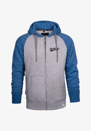 Grauer Reißverschluss-Hoodie mit blauen Raglanärmeln, Kordelzügen, frontalen Taschen und Logodetail auf der Brust. Weicher Stoff und gerippten Bündchen.