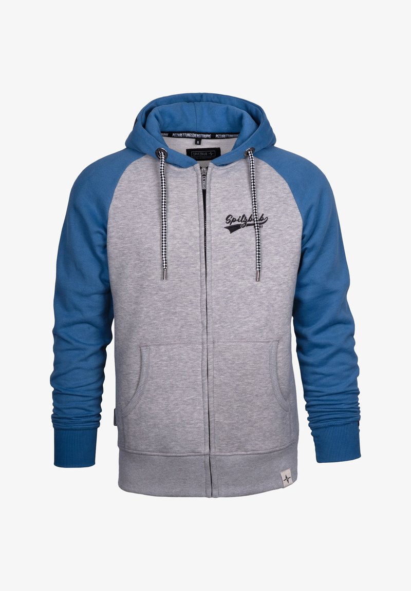 Grauer Reißverschluss-Hoodie mit blauen Raglanärmeln, Kordelzügen, frontalen Taschen und Logodetail auf der Brust. Weicher Stoff und gerippten Bündchen.