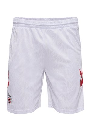 Witte sportshorts met een subtiel visgraatpatroon, een elastische tailleband en rode logo-accenten op de linker dij en de rechterzijde.