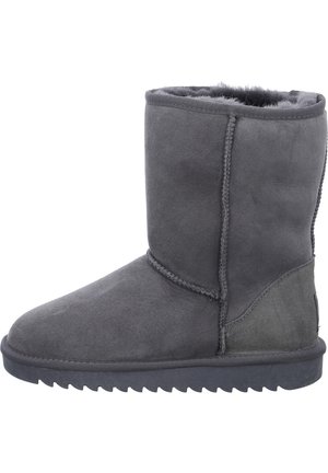 Gray suede ankle boot with plush lining, rounded toe, and textured rubber sole. Features visible stitching and a partial side panel.