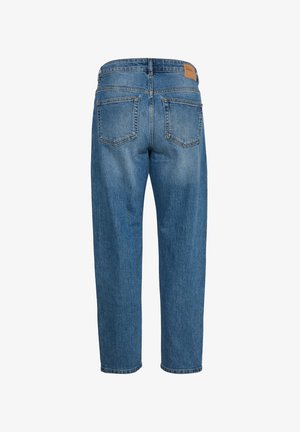 Blauwe denim jeans met een rechte snit, twee achterzakken en een klein tan leren label op de tailleband.