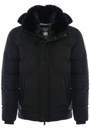 Sort dunjakke med huva i kunstpels, lynlåslommer på brystet og knaplukninger. Struktureret stof med kviltet design.