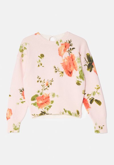 Pink knitted sweater with floral pattern; features orange and green roses, ribbed hem and cuffs, and a round neckline with button closure at the back.