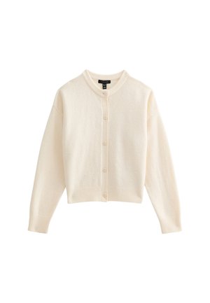 Cardigan bianco corto realizzato in tessuto morbido, con scollatura rotonda, chiusura con bottoni e maniche lunghe con polsini e orlo a coste.