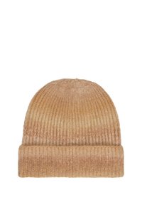 Cappello a maglia sfumato in tonalità di marrone chiaro e beige, caratterizzato da una texture a coste e un risvolto piegato per un calore extra.