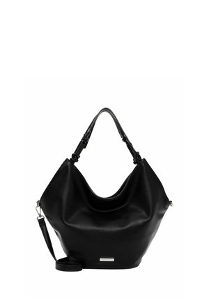 Sac hobo en cuir noir avec un design décontracté, un dessus incurvé et une bandoulière réglable. Présente une plaque logo discrète à la base.