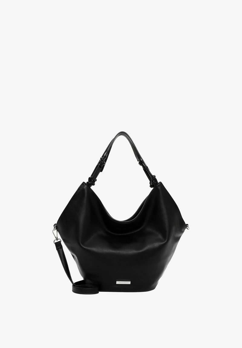 Bolso hobo de cuero negro con un diseño relajado, parte superior curva y correa de hombro ajustable. Cuenta con una placa de logo discreta en la base.