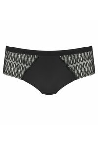 Czarne majtki hipster dla kobiet z solidnym frontem i koronkowymi detalami po bokach oraz w pasie na białym tle.