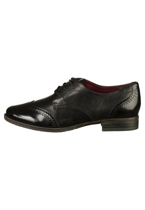 Sort læder oxfordsko med brogue-detaljer, lav stacket hæl, snørelukning og mørkerød indvendig foring.
