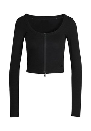 Black long-sleeve cropped top with scoop neckline and front zipper closure, made from ribbed fabric.