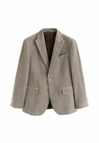 Hellbrauner Cordura-Blazer mit zwei Fronttaschen, einem Einstecktuch und goldfarbenen Knöpfen an den Bündchen. Strukturierte, taillierte Passform.
