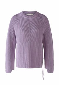 Lilac knit sweater with a round neckline, ribbed texture, and side slits featuring a drawstring for adjustability.